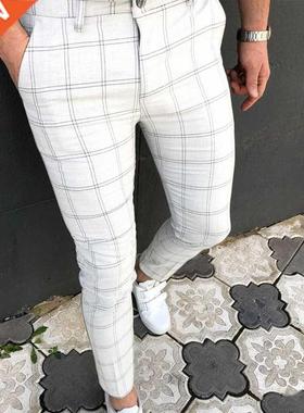 Vntage Plad Prnt Slm Pencl Pants For Men Casual Long Tr