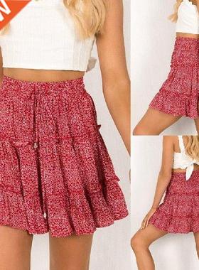 Summer Women Boheman Flower Prnt Ruffled Hgh Wast Beach