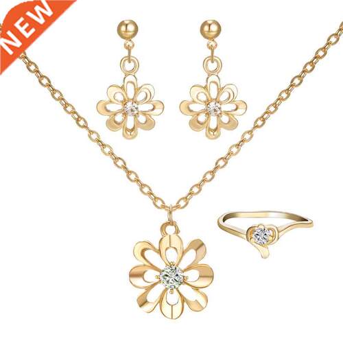 3PCS Elegant Women Jewelry Set Gold Color Flower Pendant Nec