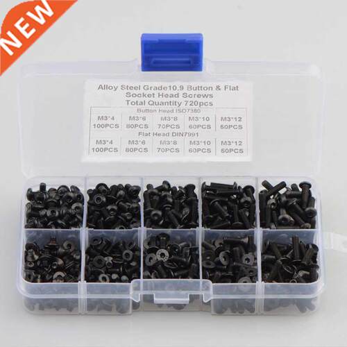720pcs M3 Carbon Steel Black Round Head Screw and Countersun