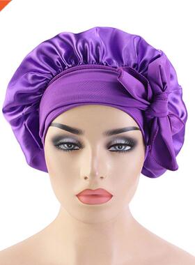 Solid Satin Bonnet with Wide Stretch Ties Long Hair Care Com