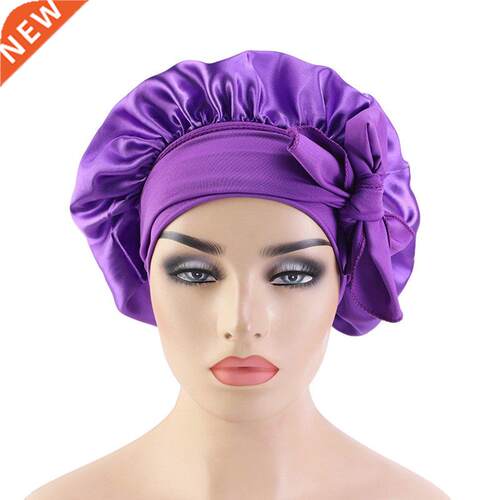 Solid Satin Bonnet with Wide Stretch Ties Long Hair Care Com