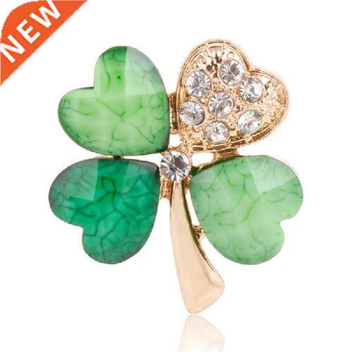 2020 Hot Green Four Leaf and Rhinestones Lapel Pins or