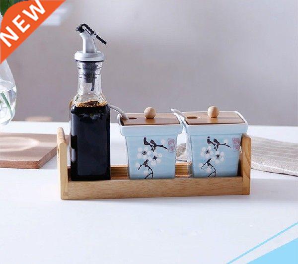Kitchen seasoning set glass oil jar salt bamboo rack box