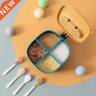 Four Grid Seasoning Box With 4 Spoons Spice Jar Sugar Salt