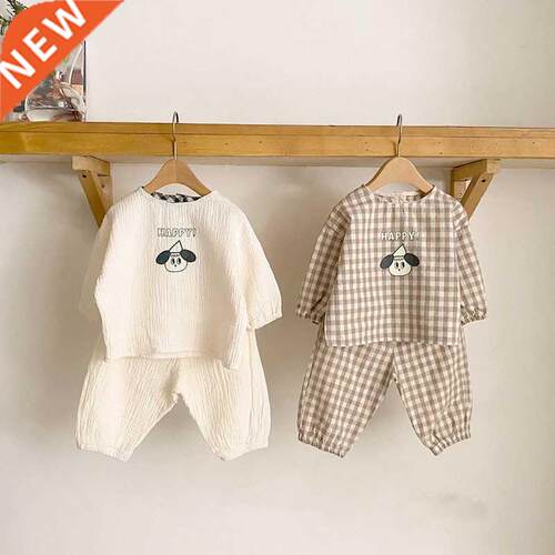 2022 New Baby Cotton Linen Clothes Set Plaid Cartoon Casual