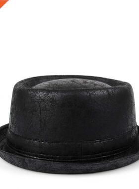 100% Leather Men Flat Pork Pie Hat For man Dad Fedora Hat Bo