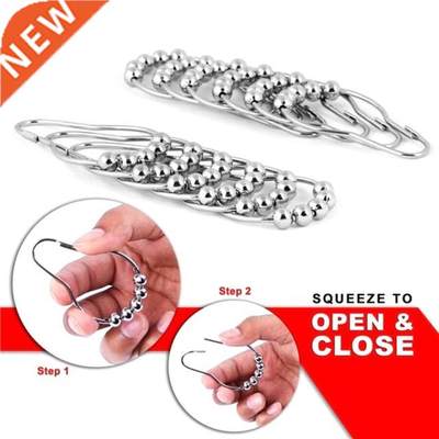 12Pcs Stainless Steel Curtain Hooks Bath Rollerball Shower C