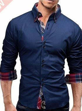 Men Long-Sleeved Shirts Plaid Shirt Solid Color Shirt Male B