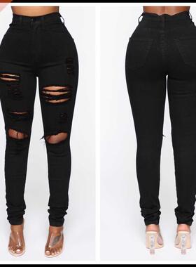 New Black Ripped Jeans For Women Fashion High Waist Denim Pe