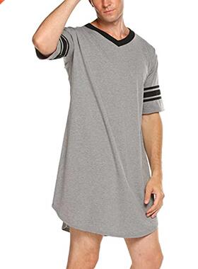 Men Cotton Nightshirt Short Sleeve V-neck Soft Loose Nightwe