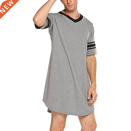 Men Cotton Nightshirt Short Sleeve V-neck Soft Loose Nightwe