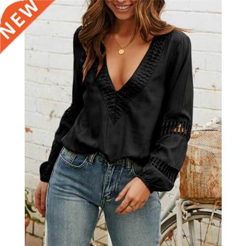 Elegant Long Sleeve Blouse Solid Color Deep V-Neck Blouse 20