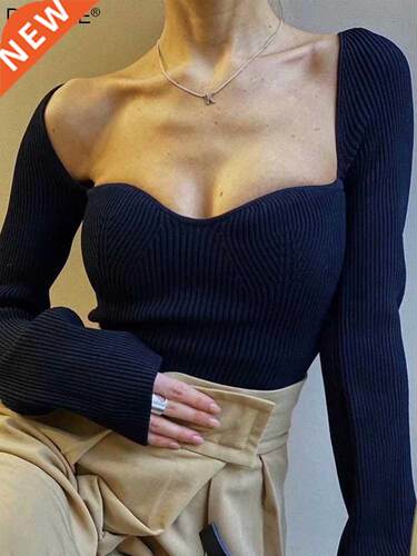 Vintge Squre Neck Long Sleeve Knit Top Koren Fshion Whit