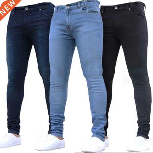 Mens Pants High Waist Zipper Stretch Jeans Casual Slim Fit T