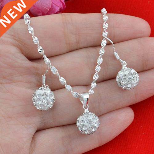 Women Fashion Silver Plated Rhinestone Ball Necklace + Earri