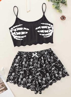 Women Summer Skeleton Skull Camisole Shorts Pajama Sets Fema
