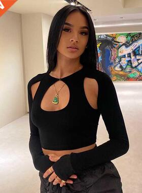 Hollow Out Long Sleeve Crop Top Female Clothng Casual T Sh