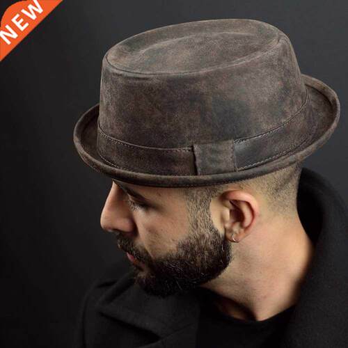 100% Leather Fedora Hat for Men Flat Pork Pie Hat man Bowler