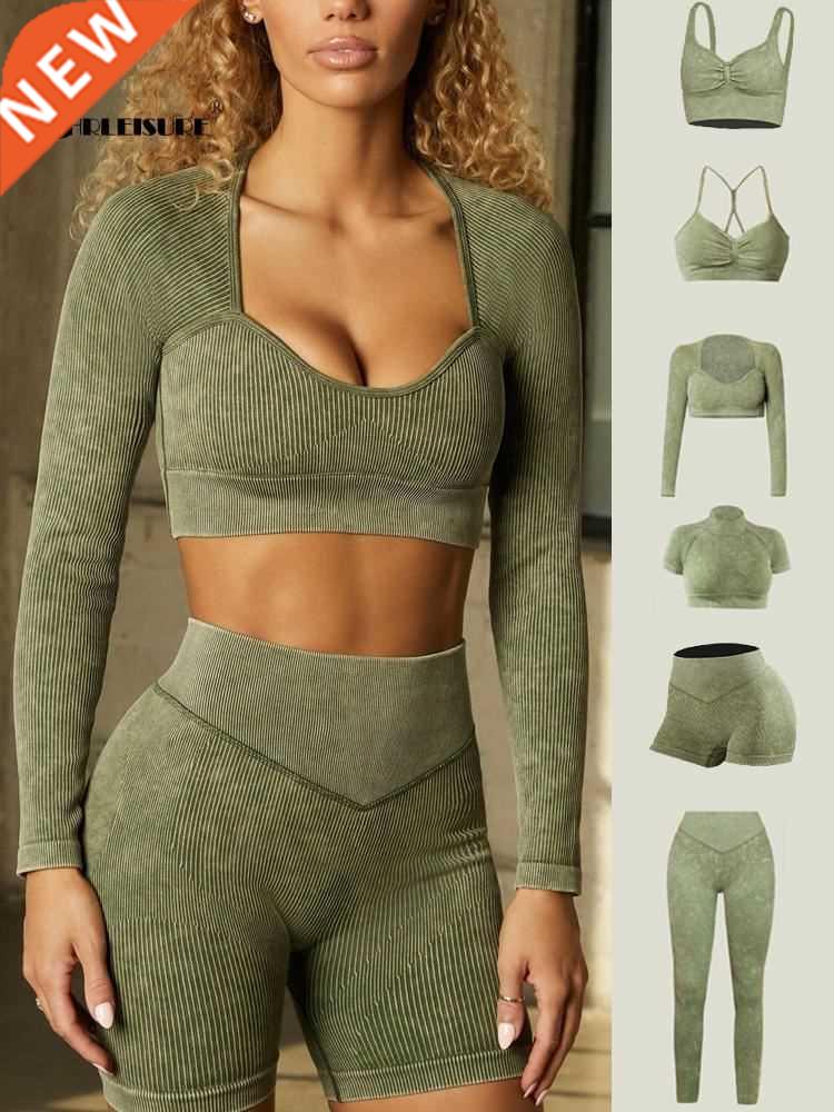 CLEISURE Ribbed Washed Seamless Yoga Set 1/3/6 PCS Sport S