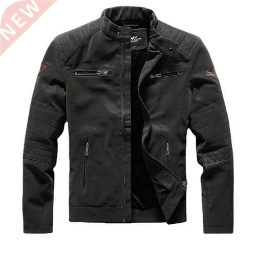 Mens Winter Casual Fleece Leather Jackets Male Stand Collar