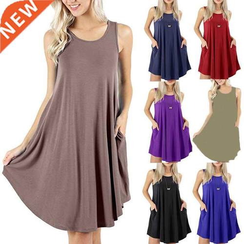 Sleeveless Pocket Casual Tank Top T-Shirt Swing Dress