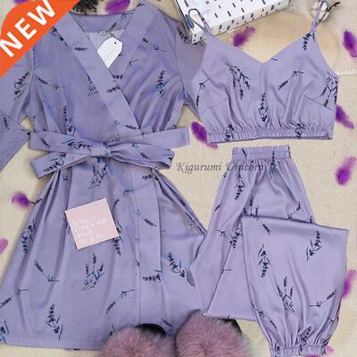 Satin Silk Pajamas Set Women 3PC Strap Top Pants Floral Prin
