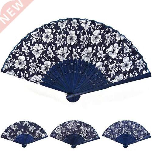 Flower Design Chinese Style Blue Fabric Hand Fan With Dyed