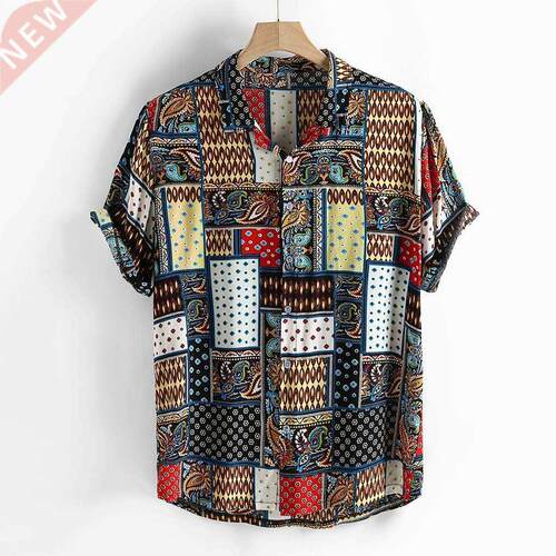 Mens Vintage Ethnic Style Printing Loose Short Sleeve Stand