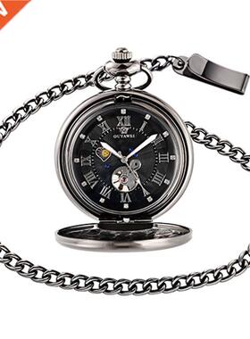 OYAWEI Vintage Pocket Watch Black Case Hlow Dial Moon Phas
