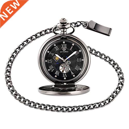 OYAWEI Vintage Pocket Watch Black Case Hlow Dial Moon Phas