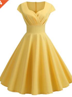 Women Summer Dress Solid Color Retro Vintage 50s 60s Casual