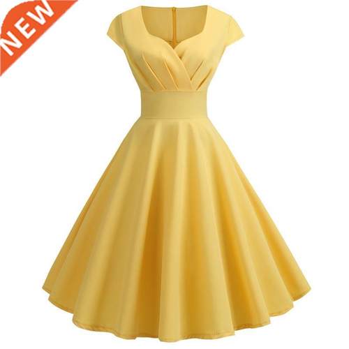 Women Summer Dress Solid Color Retro Vintage 50s 60s Casual