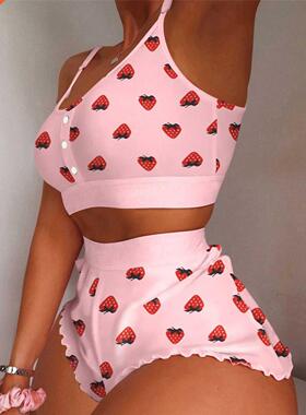 Women's 2 Pieces Kawaii Strawberry Print Frill m Cami Paja