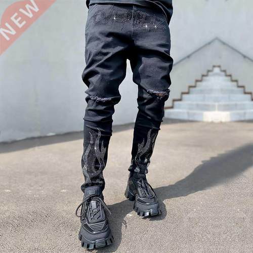 2022 Men's Ripped Hot Drill Jeans Skinny Jeans Black Sretch