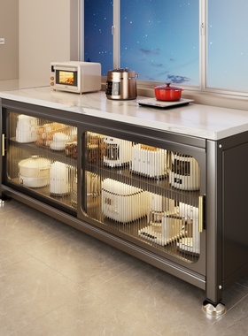 岩板厨房多功能置物架家用微波炉落地多层橱柜餐边推拉门收纳储柜