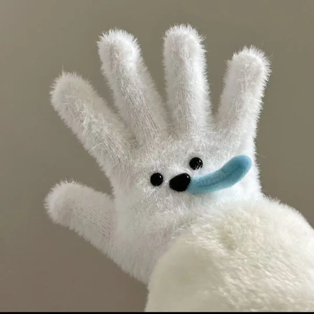 毛绒可爱小狗吐泡泡手套女冬季防寒保暖学生分指户外骑行