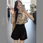 夏装 搭配一整套国风中国结盘扣设计感水墨画小飞飞袖 衬衣高腰短裤