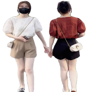 法式洋气短袖泡泡袖衬衫女2026夏新款小个子时尚百搭休闲上衣小衫
