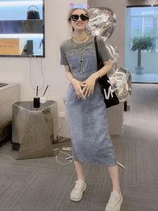 时尚百搭设计感显瘦气质牛仔拼接连衣裙女夏新款休闲短袖ins长裙