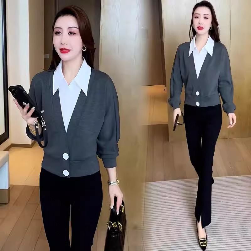 显瘦拼接长袖翻领小衫气质上衣