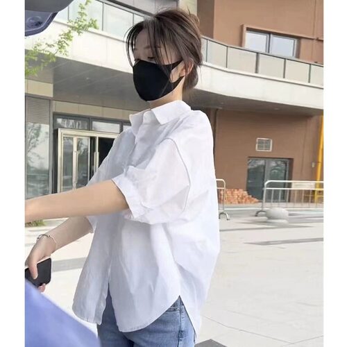 白色短袖衬衫夏女士洋气时尚大码微胖mm遮肚上衣藏肉显瘦肚子减龄