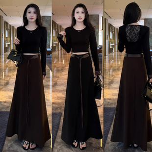 洋气显瘦圆领设计感长袖 时尚 新款 女2025秋季 上衣半身裙两件套 套装