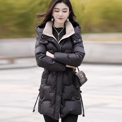 高级感连帽中长款羽绒棉服女士秋冬新款妈妈过年外套保暖加厚大衣