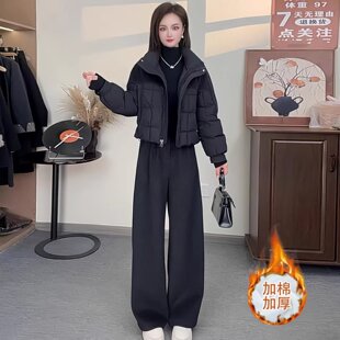 加棉保暖短外套棉衣洋气显瘦穿搭阔腿裤 时尚 新款 女冬季 两件套 套装