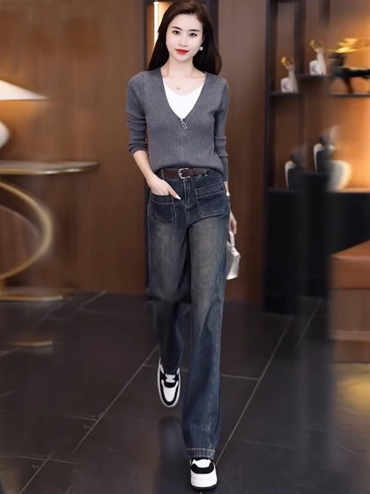 新款减龄洋气显瘦毛衣牛仔裤阔腿裤两件套