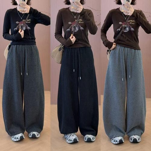 加绒弯刀休闲裤女高腰显瘦阔腿裤