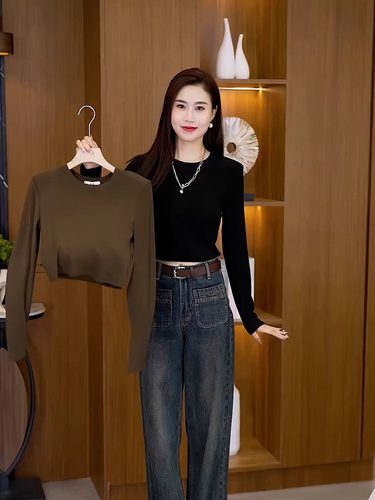 辣妹短款长袖T恤女2026春秋新款韩版修身显瘦露肚脐百搭显瘦上衣