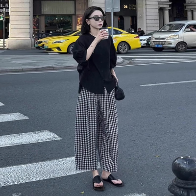 开衫衬衫搭配格子阔腿裤两件套
