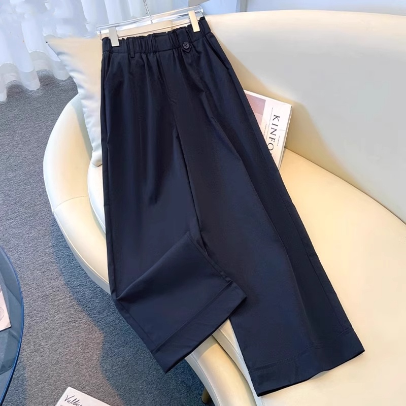 藏青色天丝阔腿裤女夏季薄款2025新款松紧高腰九分卷边直筒裤子